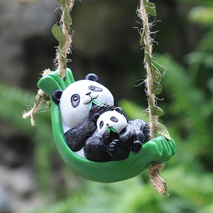 Swing Animals Garden Statue Outdoor Decor, Resin Hanging Animals Figurine Tree Ornaments Yard Art Sculpture for Stump Branch Patio Lawn Decorations (Mom & Baby Panda)