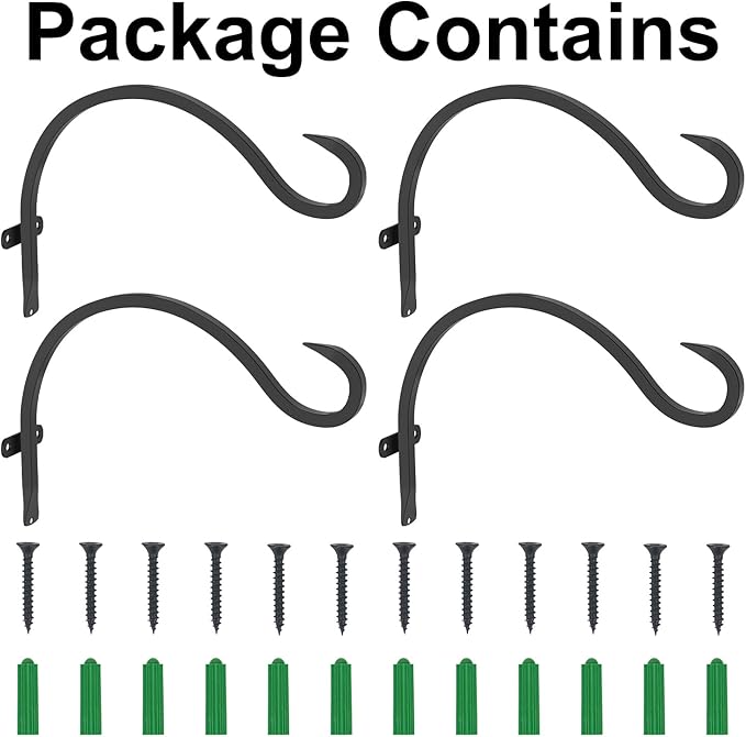 12 Inch Heavy Duty Plant Hanger Wall Hook 4 Pack - Black Iron Hanging Plant Bracket Holds 44 lbs - Rust Resistant Indoor Outdoor Hooks for Bird Feeders Lanterns Wind Chimes Hanging Baskets with Screws