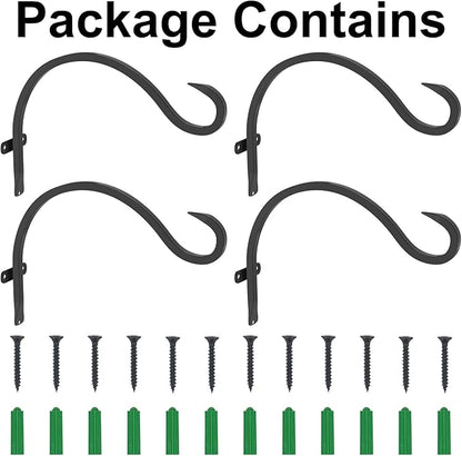 12 Inch Heavy Duty Plant Hanger Wall Hook 4 Pack - Black Iron Hanging Plant Bracket Holds 44 lbs - Rust Resistant Indoor Outdoor Hooks for Bird Feeders Lanterns Wind Chimes Hanging Baskets with Screws