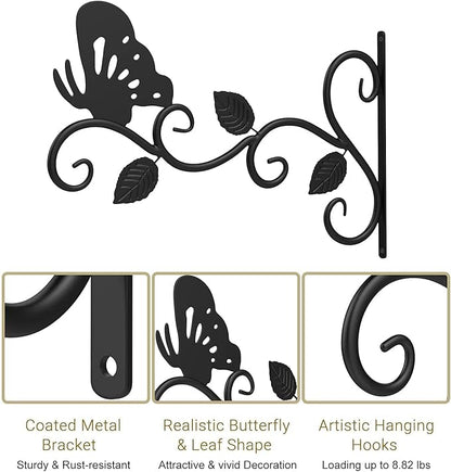2Pack Hanging Plants Bracket Outdoor,12 Inch Plant Hooks for Hanging Baskets Wall-Mounted Gardening Bracket Hook for Bird Feeders,Flower Baskets,Lantern,(Butterfly)