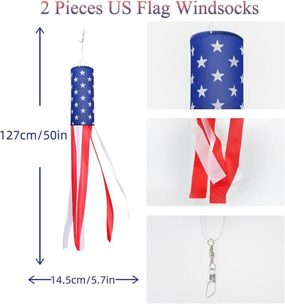 2 Pack American Flag Windsock, 40 Inch USA 4th of July Decorations Outdoor, Fade Resistant Stars & Stripes Patriotic Decor, Red White and Blue Wind Socks for Outside Memorial Day Yard Garden Decor