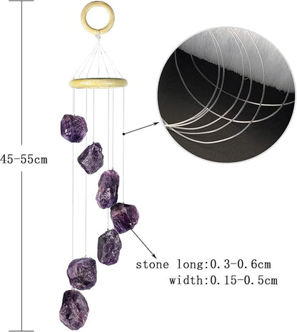 Amethyst Raw Stone Wind Chime with Wooden Hanging Circle Boho Patio Home Garden Windows Wall Ornament