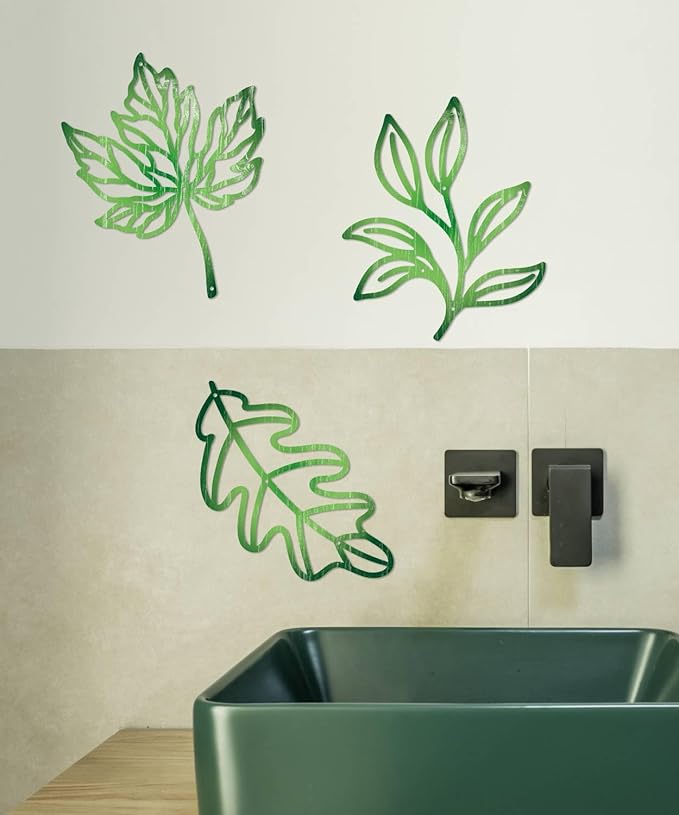 Putuo Decor 3Pcs Leaf Wall Art Metal Botanical Wall Decor, Tropical Nature-Inspired Wall Plant Decor for Living Room, Bedroom, Bathroom, Home Decor(Green)