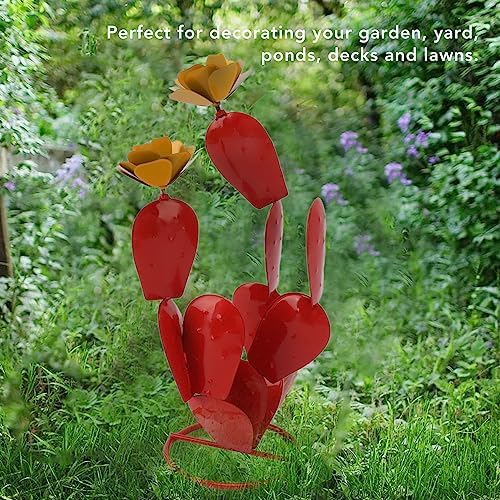 HEEPDD Rustic Iron Prickly Pear Sculpture, Red Metal Desert Plant with Flowers, Garden Yard Patio Lawn Decor