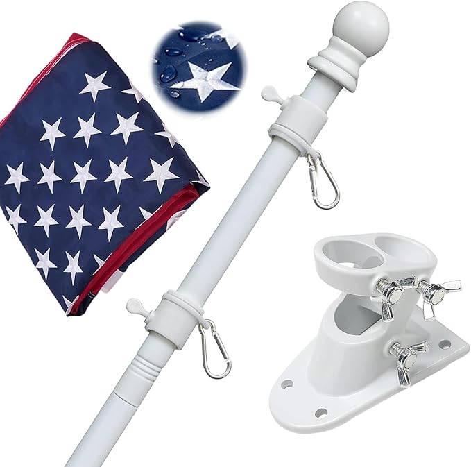 Flag Pole Kit with 3x5 American Flag Outdoor - 7ft Tangle Free Metal Flagpole with Holder Bracket & Embroidered US Flags - Rustproof Heavy Duty for Outside House Porch Garage Mount - White