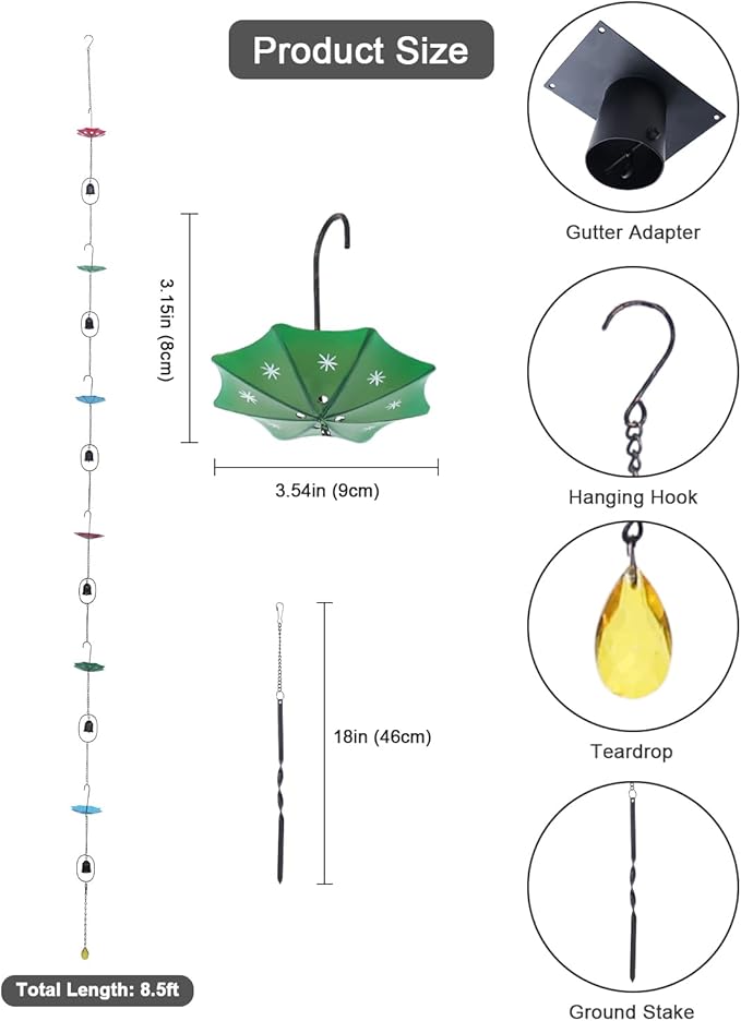 hogardeck 8.5FT Rain Chain for Gutters Outside - 6 Umbrellas and 6 Bells Decorative Metal Rain Catcher with Adapter, Stake for Downspout Replacement, Garden Drainage, Eaves