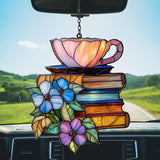 Tea and Books Acrylic Suncatcher Stained Glass Effect Window Car Hanging Christmas Ornament Indoor Outdoor Decor Garden Sun Catcher Panel for Book Lover for Women Mom Grandma