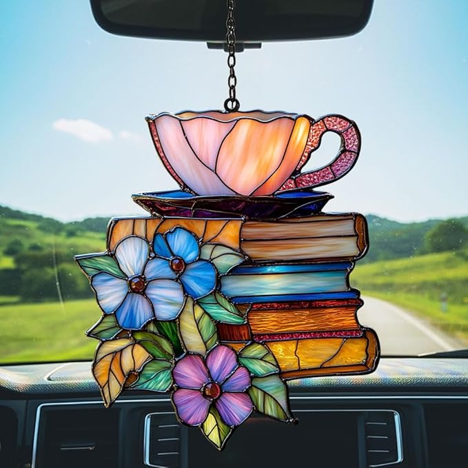 Tea and Books Acrylic Suncatcher Stained Glass Effect Window Car Hanging Christmas Ornament Indoor Outdoor Decor Garden Sun Catcher Panel for Book Lover for Women Mom Grandma