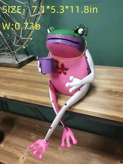 Metal Frog Outdoor Garden Ornament Decoration, Yard/Balcony/Flower Pot Art Statue Decorations, Funny Cute Animal Frogs Iron Vintage Statues (Pink-A)