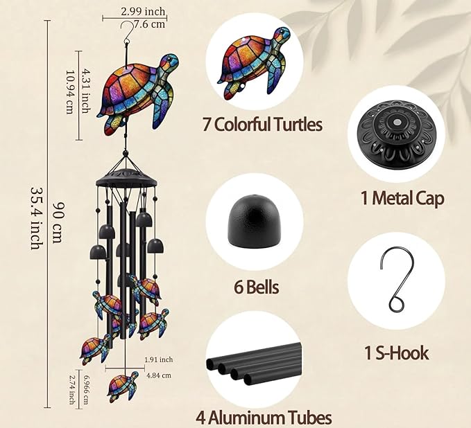 35.4" Sea Turtle Wind Chimes for Outside, Metal Windchimes, Sea Turtle Wind Chime Garden Decor, Mothers Day Birthday Memorial Gifts for Mom Grandma Wife, Durable Outdoors Decor