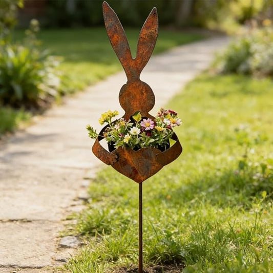 Vintage Metal Rabbit Shaped Planter Garden Stake, Rustic Patina Finish Bunny Decor for Outdoor Garden Yard, Decorative Stake for Small Flowers Succulents Spring Displays