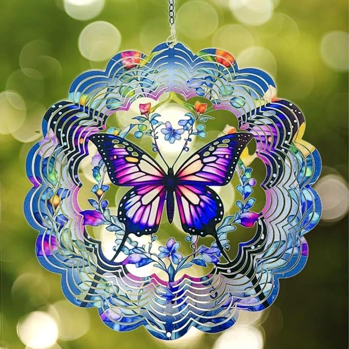 3D Butterfly Wind Spinners, 12 inch Stainless Steel Gradient Color Wind-Spinner, Outdoor Hanging Wind Sculpture for Garden Decor, Butterfly Gift for Women Girl Mother Wife Grandma(12inch)