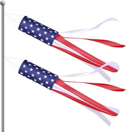 2 Pack American Flag Windsock, 40 Inch USA 4th of July Decorations Outdoor, Fade Resistant Stars & Stripes Patriotic Decor, Red White and Blue Wind Socks for Outside Memorial Day Yard Garden Decor