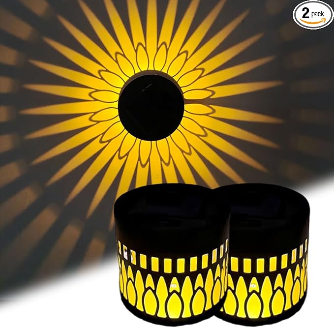 Decorative Solar Mandala Lights, Metal Solar Powered Outdoor Wall Lights Solar Powered Deck Step Stair Lights, Waterproof Mandalas Fence Light for Garden Post Patio Backyard Yard Decor (2, Sunflower)