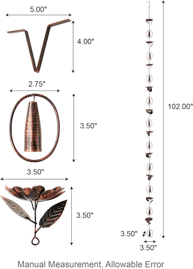Glitzhome 8.5 FT Lotus Flower and Bell Rain Chains, Faux Copper Patina Finish Rain Chains for Gutters, Adjustable Rain Catcher Chain with V-Shaped Gutter