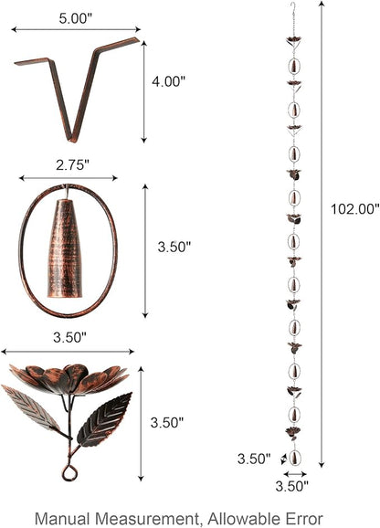 Glitzhome 8.5 FT Lotus Flower and Bell Rain Chains, Faux Copper Patina Finish Rain Chains for Gutters, Adjustable Rain Catcher Chain with V-Shaped Gutter
