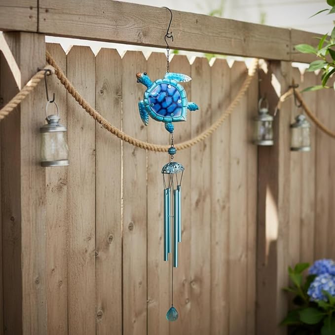 Comfy Hour 35" x 5" Sea Turtle Metal Art Wind Chime, Decorative Glass and Metal Hanging Windbell for Coastal Garden, Artisan Crafted Ocean Theme Decor for Beach House & Patio, Blue, 1 Piece