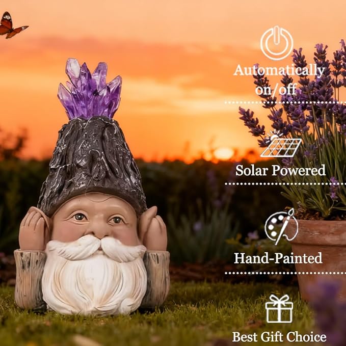 Solar Gnome Decoration with LED Solar Light, Handcrafted Resin Garden Gnome Lamp Amethyst Crystal Figurine for Yard Porch Home Decor, Perfect Present for Gardeners & Garden Aesthetic Lovers
