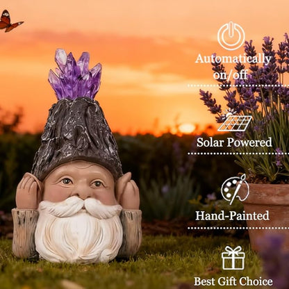 Solar Gnome Decoration with LED Solar Light, Handcrafted Resin Garden Gnome Lamp Amethyst Crystal Figurine for Yard Porch Home Decor, Perfect Present for Gardeners & Garden Aesthetic Lovers