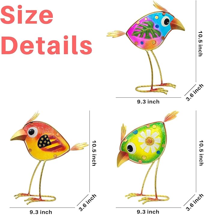 3 Pack Garden Outdoor Metal & Glass Bird Yard Art, Lawn Ornaments Outdoor Decor for Porch Patio, Housewarming Birthday Gifts for Grandma Mom Women