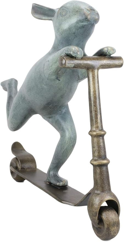 Ebros Gift Large Aluminum Metal Verdigris Whimsical Speedy Bunny Rabbit Riding On Scooter 3D Art Garden Stake Statue 18.25" Long for Outdoors Yard Pool Home Decorative Accent