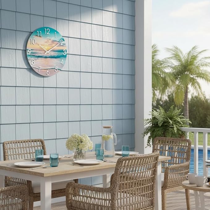 12 Inch Outdoor Clock Waterproof – Tempered Glass Wall Clock with Stunning Sunset Beach & Sand Scene, UV Resistant Coastal Decor for Patio, Pool, Garden, Porch & Bathroom