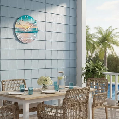 12 Inch Outdoor Clock Waterproof – Tempered Glass Wall Clock with Stunning Sunset Beach & Sand Scene, UV Resistant Coastal Decor for Patio, Pool, Garden, Porch & Bathroom