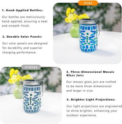 Starsoul 4 Pack Solar Hanging Lanterns Outdoor Waterproof, Mosaic Dragonfly Decor Glass Solar Outdoor Lights, Decorative Solar Lantern for Outside Pathway Patio Porch Yard Decor