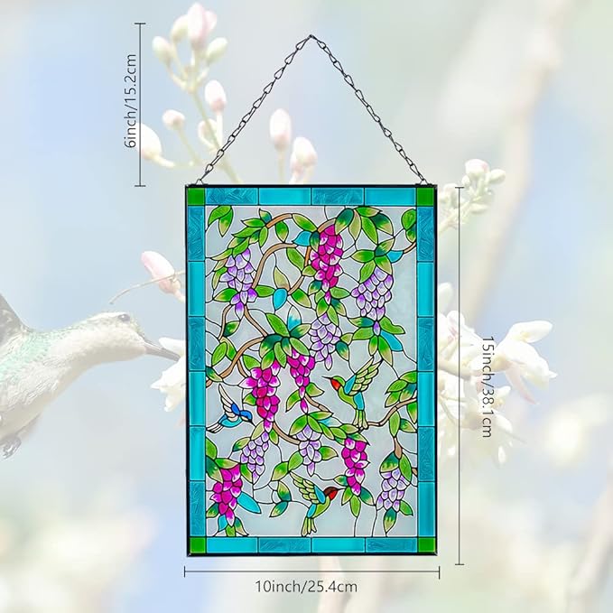 Viveta Hummingbird Stained Glass Window Hanging, Window Suncatchers with Chain, Bird and Flowers Stained Glass Panels for Windows Home Wall Art Decor(Rectangular 15 * 10")