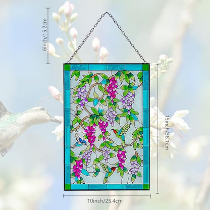 Viveta Hummingbird Stained Glass Window Hanging, Window Suncatchers with Chain, Bird and Flowers Stained Glass Panels for Windows Home Wall Art Decor(Rectangular 15 * 10")