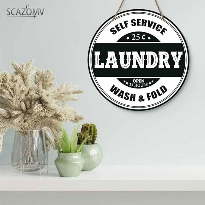 Laundry Round Rustic Wood Sign Plaque Self Service Wash Fold Vintage Wall Wooden Hanging Sign Decor for Home Kitchen Living Room Farmhouse Garden Front Door Entryway Porch Yard 12 Inch