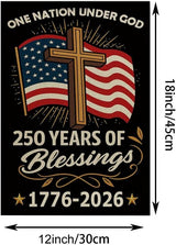 ZXvZYT 250 Years of Blessings America Garden Flag, One Nation Under God,USA 250th Anniversary Patriotic Cross Design Flags Banner Double Sided Flax Outdoor Yard Decorative(12"x 18")