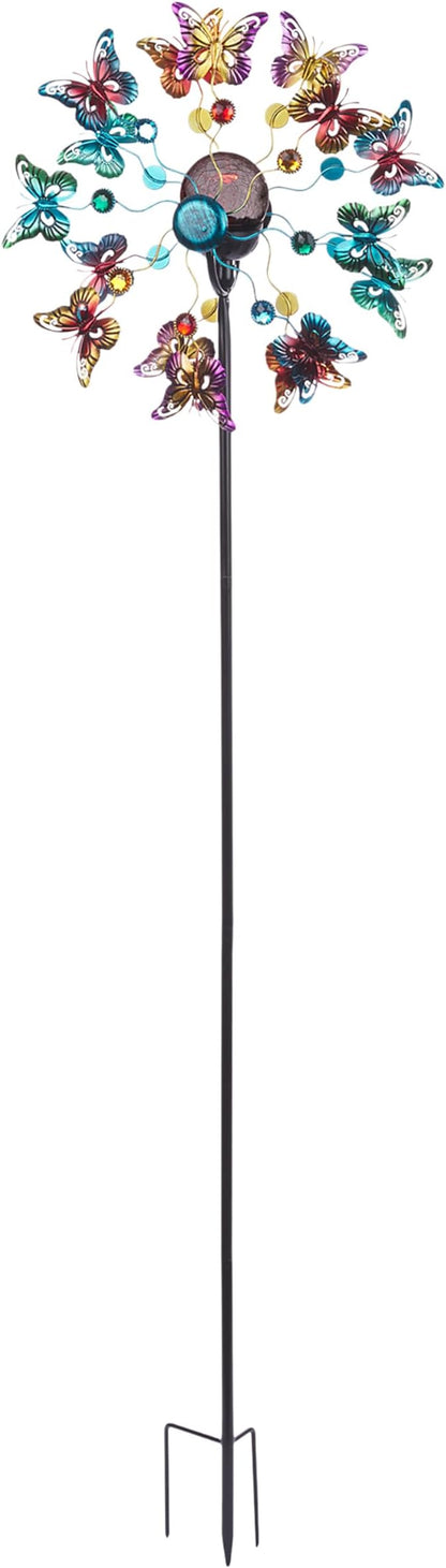 Alpine Corporation 60" Tall Outdoor Solar Metal Butterfly Wind Spinners with Color Changing LED Lights, Garden Decor, Multicolor