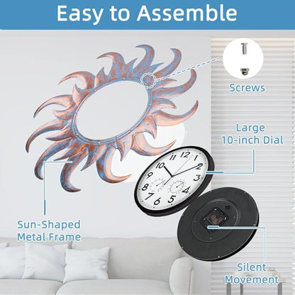Large Outdoor Clock Silent Non-Ticking, Outdoor Wall Clock with Thermometer & Hygrometer Combo, Quartz Outside Clock for Patio, Garden, Living Room (Blue)