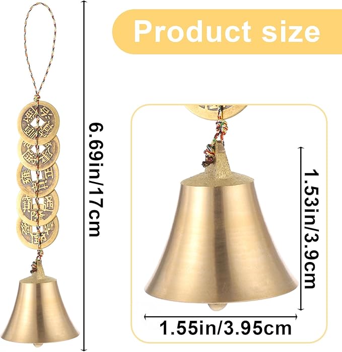 2 PCS Hanging Bells for Door, Feng Shui Coins, Chinese Feng Shui Bell Wind Chime, Brass Hanging Decor with Coins for Wealth Protection Good Luck, Indoor Outdoor Car Decor