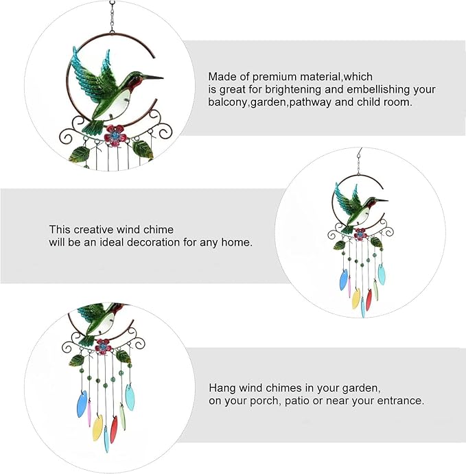 Wind Chimes Hummingbird, Garden Glass Colorful Wind Chimes for Home, Party, Festival Decor, Garden Decoration Indoor/Outdoor, Lifelike Hummingbird Bell Deep Tone Style