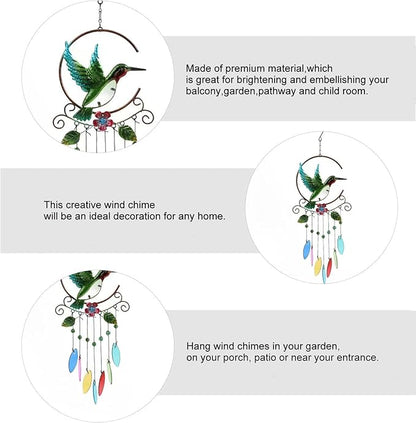 Wind Chimes Hummingbird, Garden Glass Colorful Wind Chimes for Home, Party, Festival Decor, Garden Decoration Indoor/Outdoor, Lifelike Hummingbird Bell Deep Tone Style