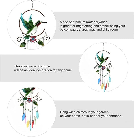 Wind Chimes Hummingbird, Garden Glass Colorful Wind Chimes for Home, Party, Festival Decor, Garden Decoration Indoor/Outdoor, Lifelike Hummingbird Bell Deep Tone Style