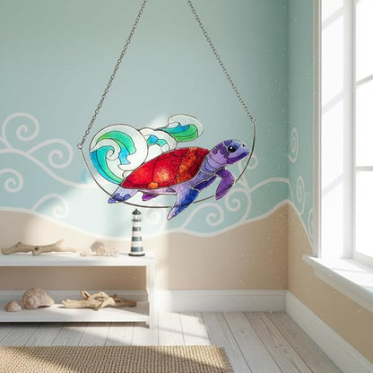 Sea Turtle Stained Glass Window Hanging, Ocean Sea Life Sun Catchers Indoor Panel, Nautical Suncatcher Decor for Home, Wall, Garden, Coastal Ornament Gift for Women, Beach Lovers