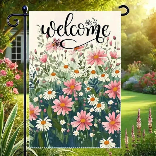 Welcome Spring Summer Daisy Garden Flag 12x18 Double Sided, Small Burlap Floral Garden Flags Summer Outdoor Decorations Yard Lawn Porch Flags for Outside Decor