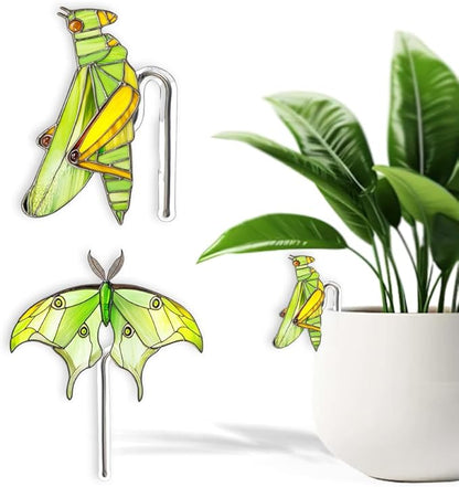 JOONOR 2 Pieces Stained Acrylic Moth Flower Pot Hugger Cute Animal Moth Grasshopper Statue for Planter Hanger Decorations Outdoor Fairy Garden Planter Edge Accessories,Style E