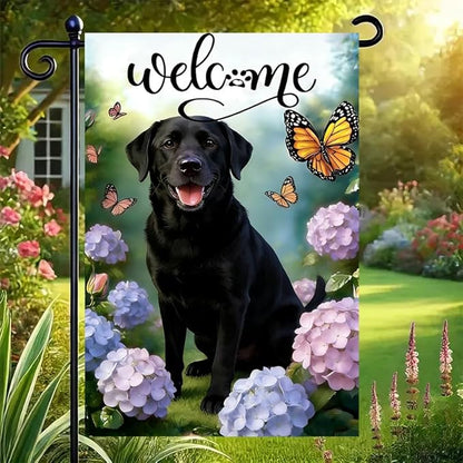 Welcome Spring Summer Garden Flags 2x18 Double Sided, Small Burlap Seasonal Farmhouse Rustic Black Lab Labrador Dog Garden Flag Spring Summer Decoration Outdoor Yard Lawn Porch Flags for Outside Décor