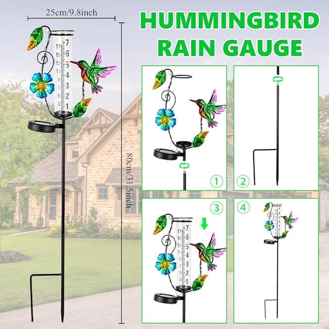Hummingbird Rain Gauge Outdoor,Decorative Rain Gauges with LED Solar Lights,7” Glass Tube Rain Gauge Freeze Proof for Garden Patio Lawn