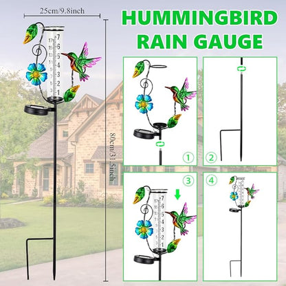 Hummingbird Rain Gauge Outdoor,Decorative Rain Gauges with LED Solar Lights,7” Glass Tube Rain Gauge Freeze Proof for Garden Patio Lawn