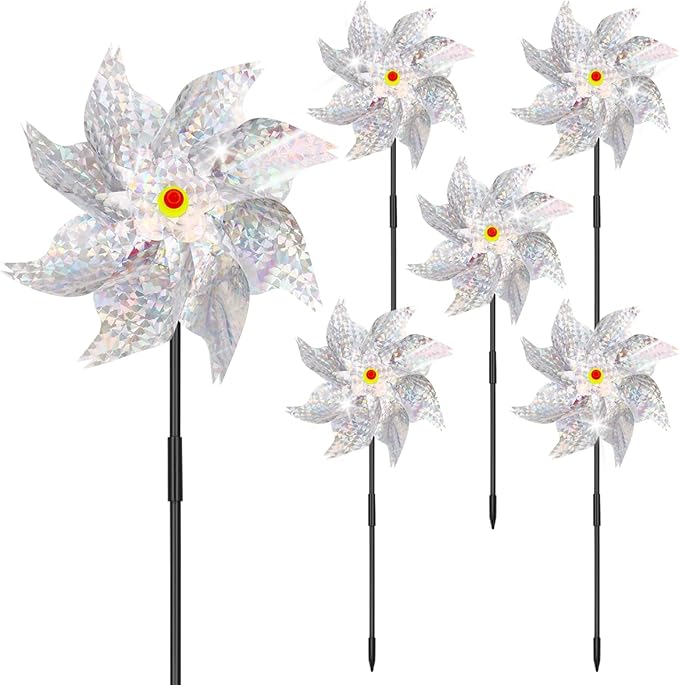 6Pcs Sparkly Pinwheels for Yard and Garden, Reflective Silver Wind Spinners Yard Decorations Outdoor Windmill, 9.5in Garden Pinwheels to Scare Birds, Silver