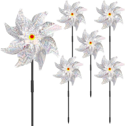 6Pcs Sparkly Pinwheels for Yard and Garden, Reflective Silver Wind Spinners Yard Decorations Outdoor Windmill, 9.5in Garden Pinwheels to Scare Birds, Silver