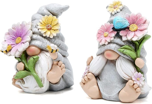 Hodao Set of 2 Spring Gnome Decorations Flower Gnomes Ornaments Decor Summer Outdoor Figurines Spring Elves for Porch, Garden Yard, Flower Bed Garden Gifts for Women, Mom