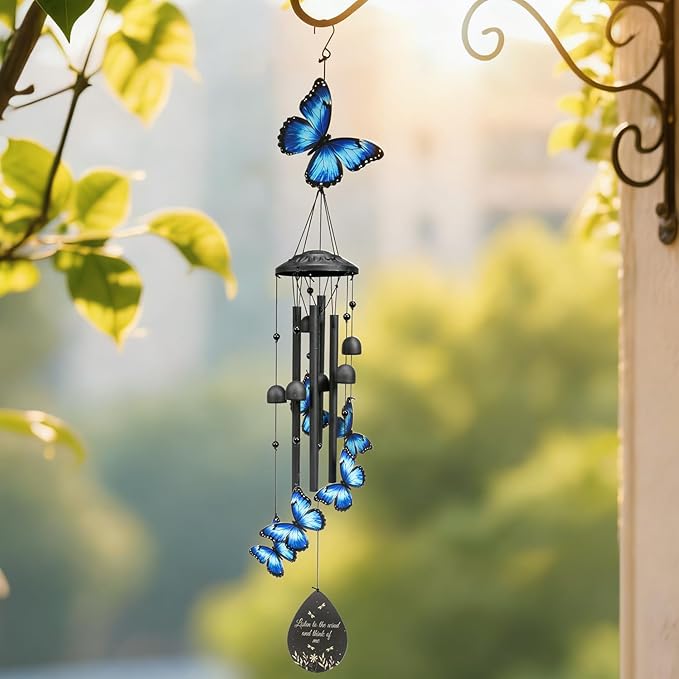 Butterfly Wind Chimes Outdoor Black Metal Windchimes Garden Patio Decor Butterfly Gifts for Women Ideal Memorial/Housewarming/Birthday/Festival Gifts Front Yard Decor