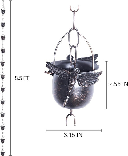 DUSVALLY Rain Chain, 8.5FT Metal Dragonfly Rain Chain, Functional and Decorative Replacement for Gutter Downspouts, Divert Water and Home Display, Adjustable Length, 12 Cups, Black