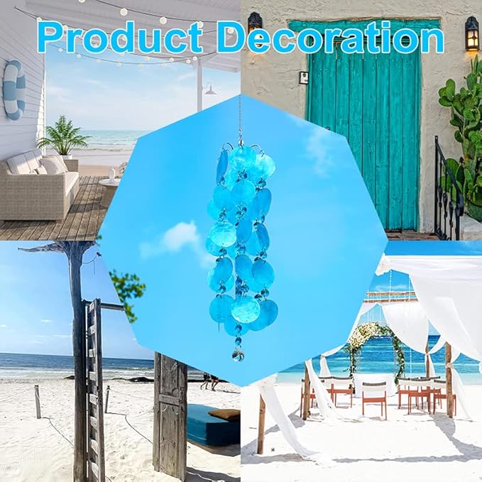 23.6 inch Capiz Shell Wind Chime Outdoor Indoor Hanging, Blue Shell Wind Chimes for Outside, Crystal Wind Chime Pendant, Handemade Gift for Housewarming